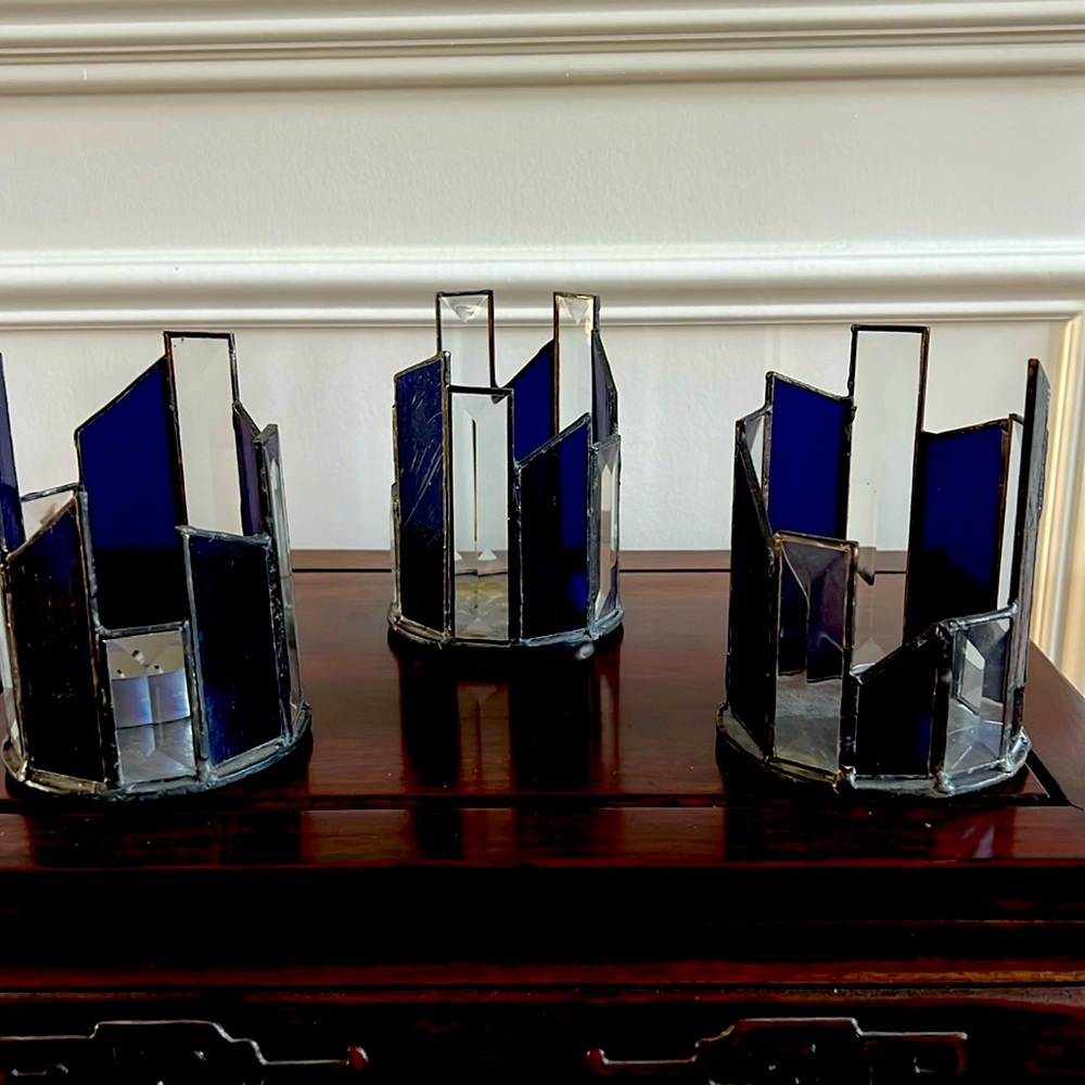 Set of 3 stained glass candle holders. Purple & clear. No chips/cracks.